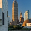 The downtown Cleveland skyline from Voinovich Park on the Lakefront. The skyline, from left to right, includes the Rock & Roll Hall of Fame, the Key Tower, the Terminal Tower, the new Hilton Hotel, and the Great Lakes Science Center.
